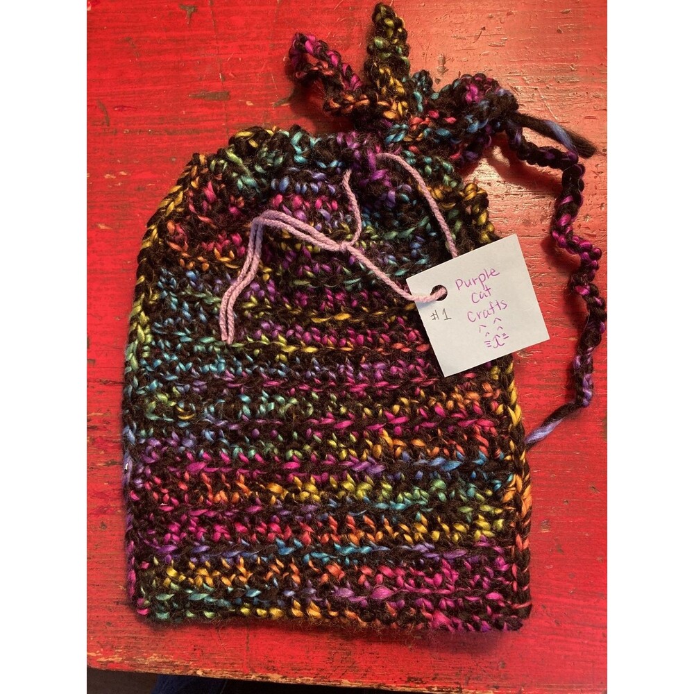 PURPLE CAT CRAFTS Handmade Bag Crocheted Drawstring Pouch Yarn Rainbow Colors